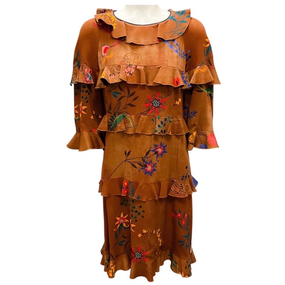 FENDI BROWN MULTI FLORAL PRINTED RUFFLED SILK DRESS - Picture 1 of 6